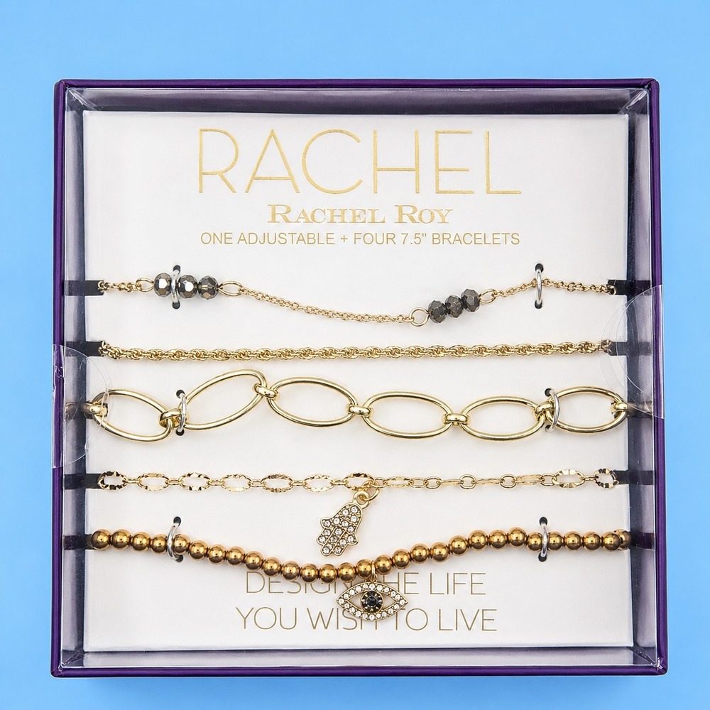 Rachel Rachel Roy 5 Pc Bracelet Set Gold Tone Evil Eye Charm 7.5" Boxed -2779